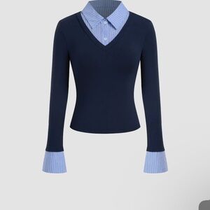 NWT- Cider Navy Blue V-Neck cotton with Striped Collar